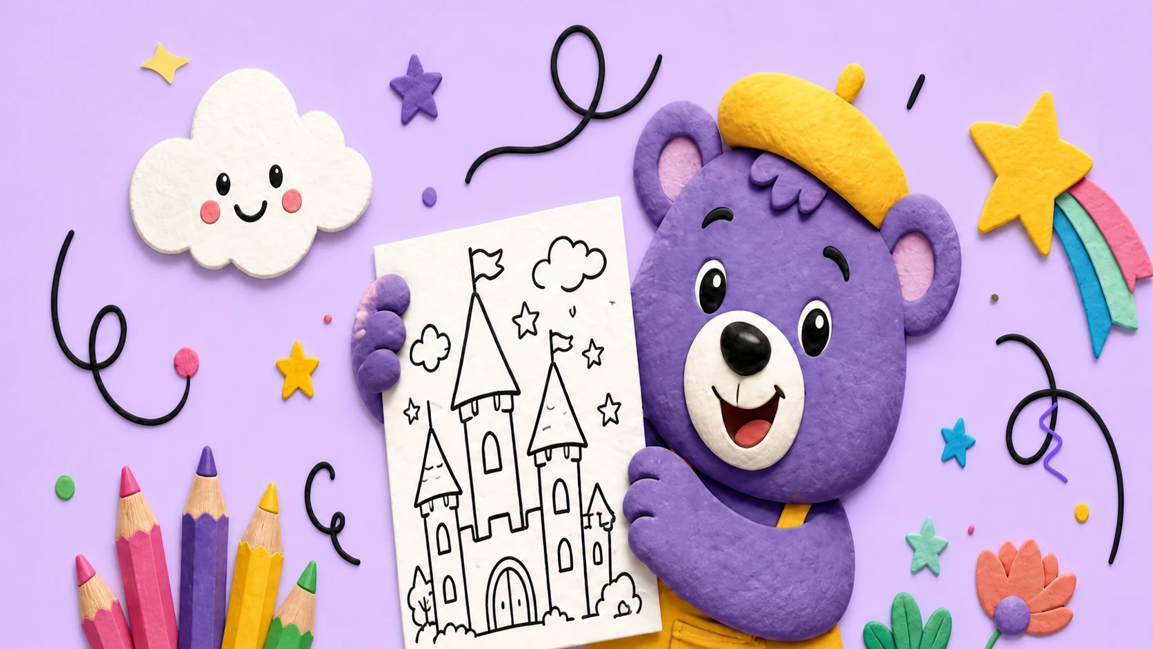 A cheerful purple bear artist holding a fantasy castle coloring page