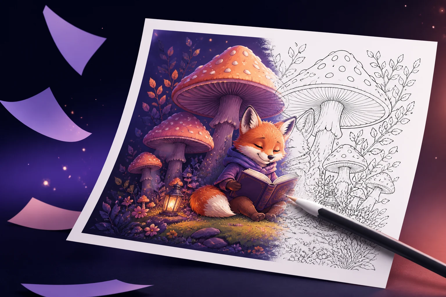 A fox scene becoming black-and-white coloring line art
